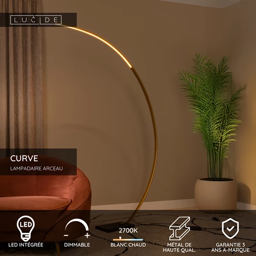 Lucide CURVE - Lampadaire arceau - LED Dim. - 1x15W 2700K - Or Mat / Laiton - USP